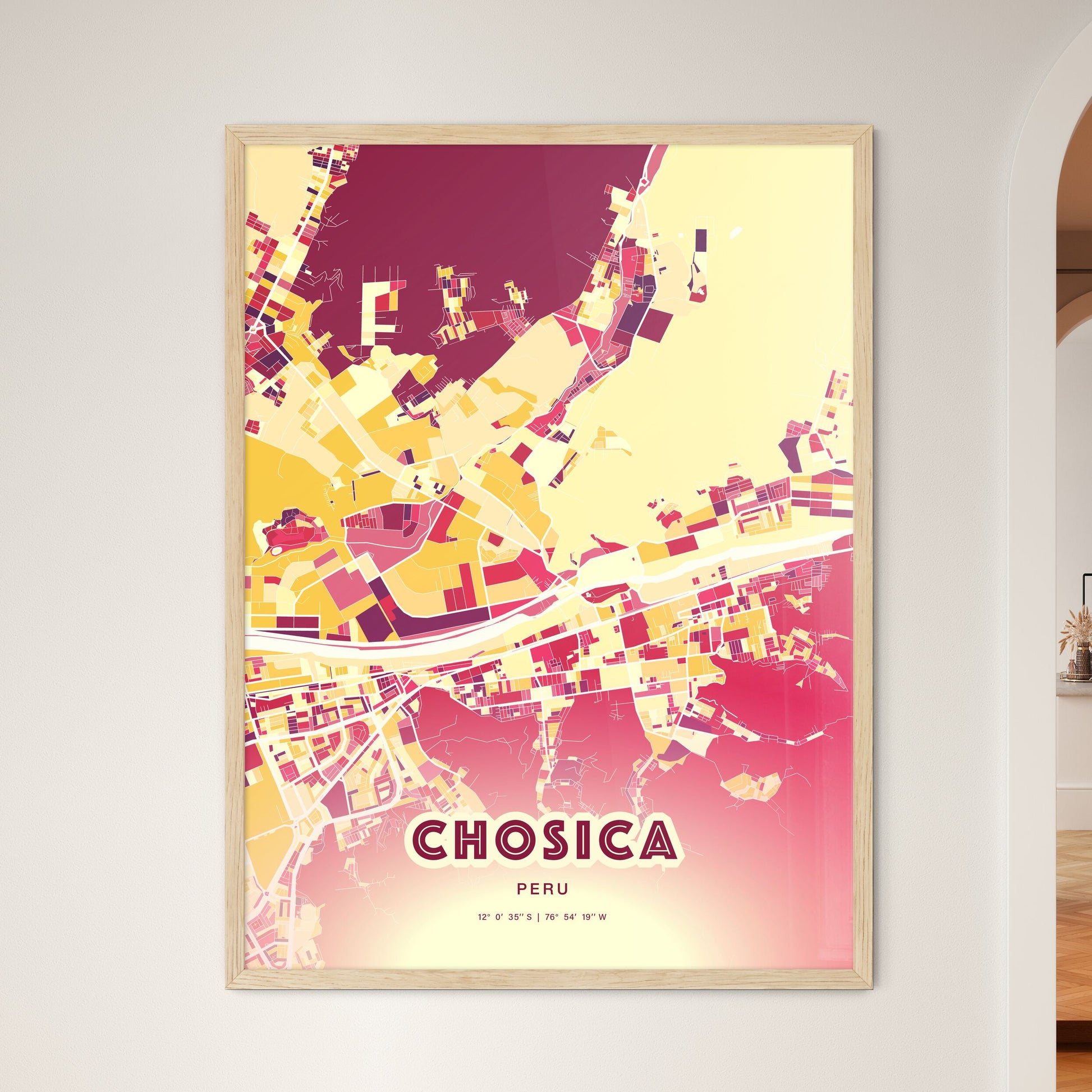 Colorful CHOSICA PERU Fine Art Map Hot Red