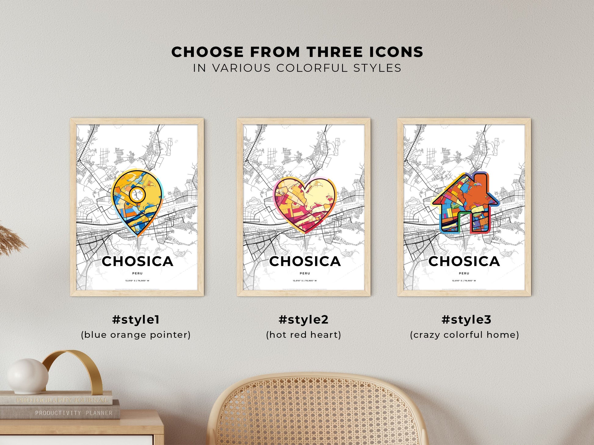 CHOSICA PERU minimal art map with a colorful icon. Where it all began, Couple map gift.