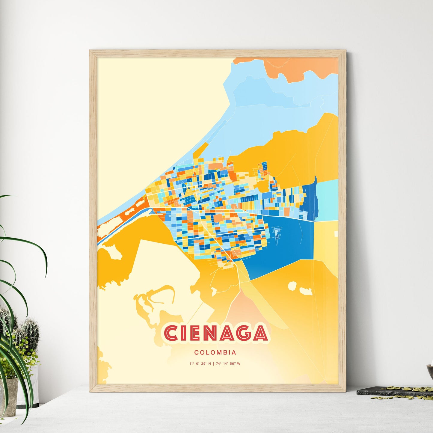 Colorful CIENAGA COLOMBIA Fine Art Map Blue Orange