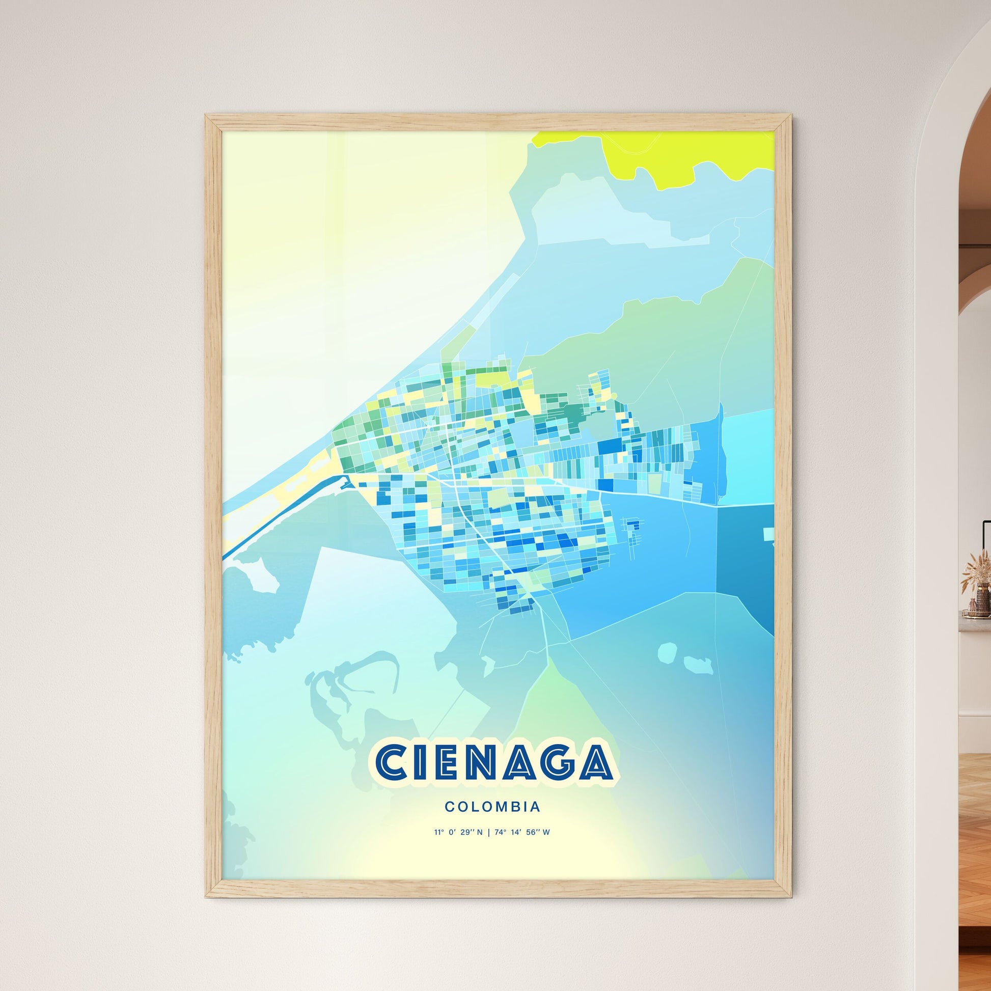 Colorful CIENAGA COLOMBIA Fine Art Map Cool Blue