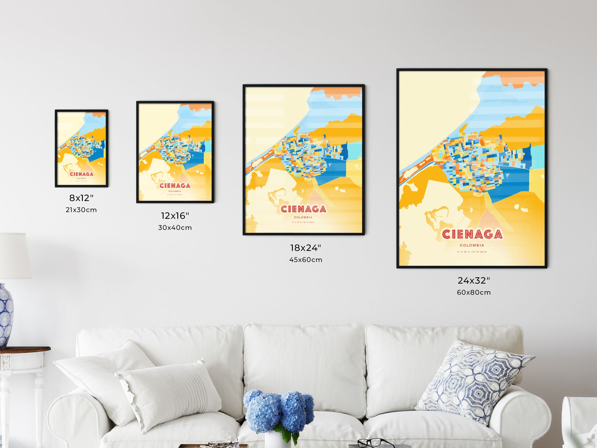 Colorful CIENAGA COLOMBIA Fine Art Map Blue Orange