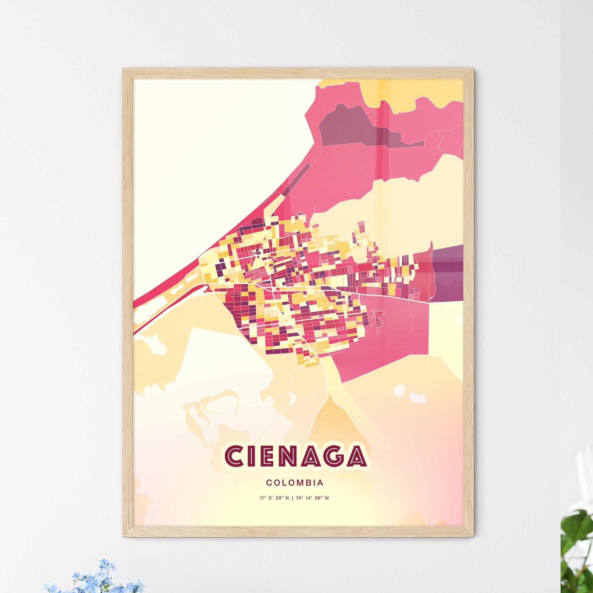 Colorful CIENAGA COLOMBIA Fine Art Map Hot Red