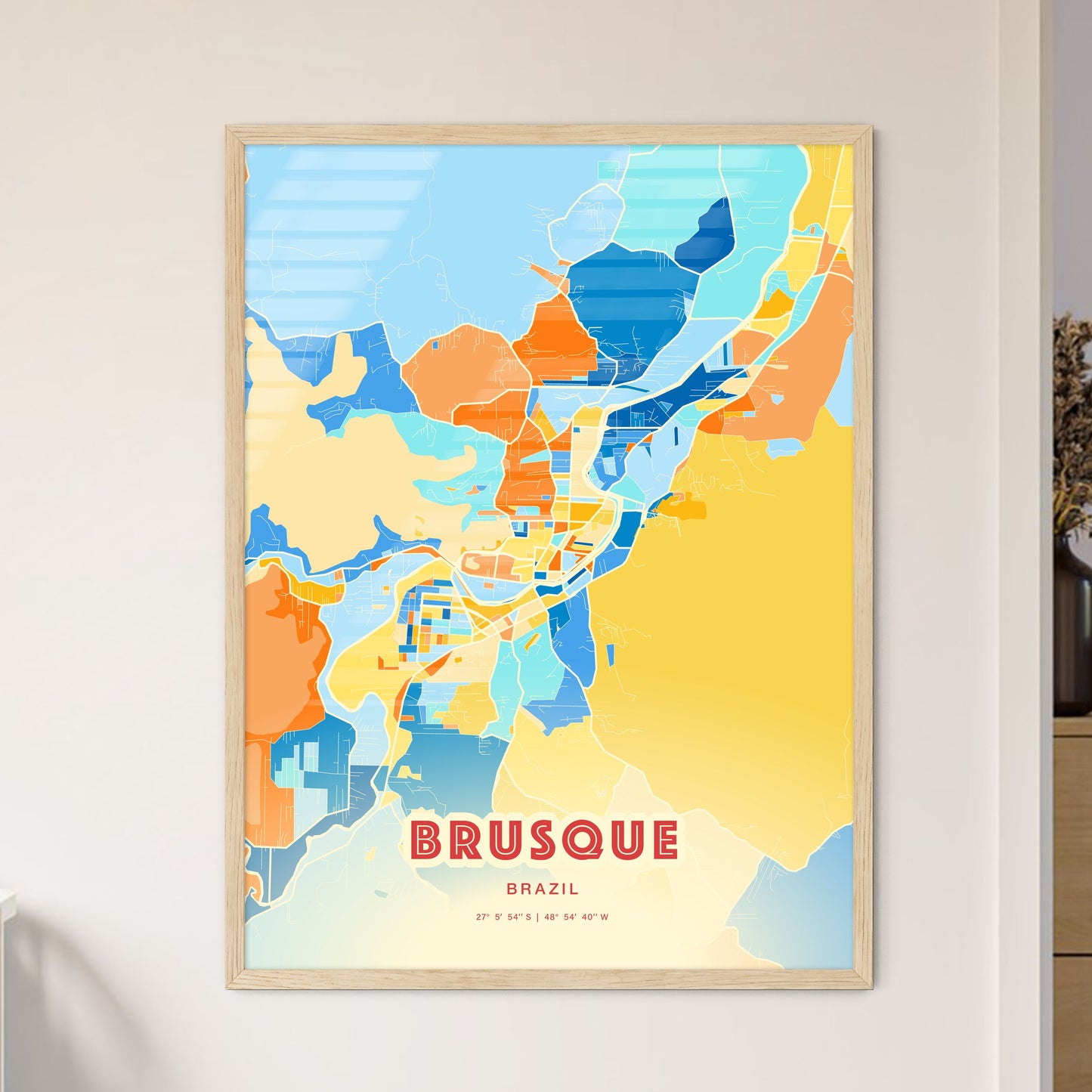 Colorful BRUSQUE BRAZIL Fine Art Map Blue Orange