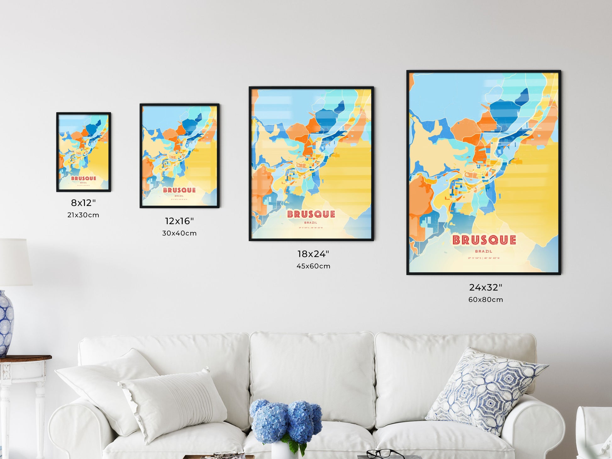 Colorful BRUSQUE BRAZIL Fine Art Map Blue Orange