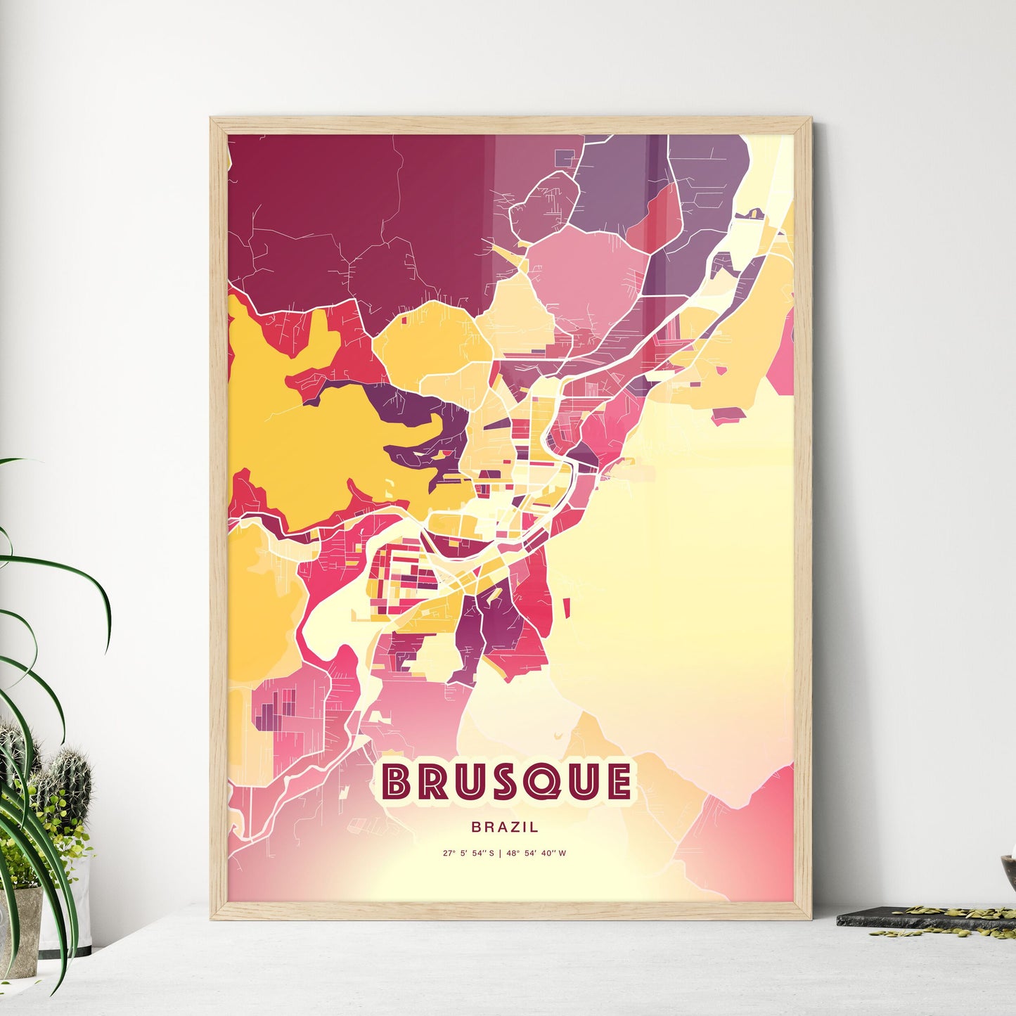 Colorful BRUSQUE BRAZIL Fine Art Map Hot Red