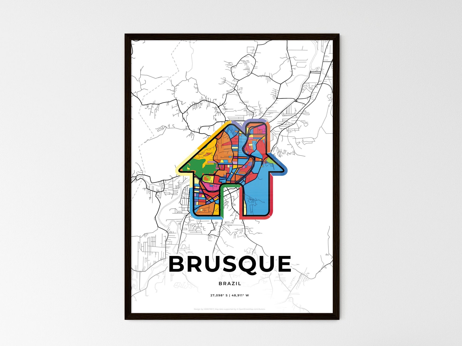BRUSQUE BRAZIL minimal art map with a colorful icon. Where it all began, Couple map gift. Style 3