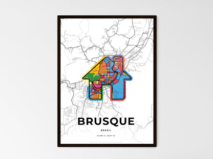 BRUSQUE BRAZIL minimal art map with a colorful icon. Where it all began, Couple map gift. Style 3