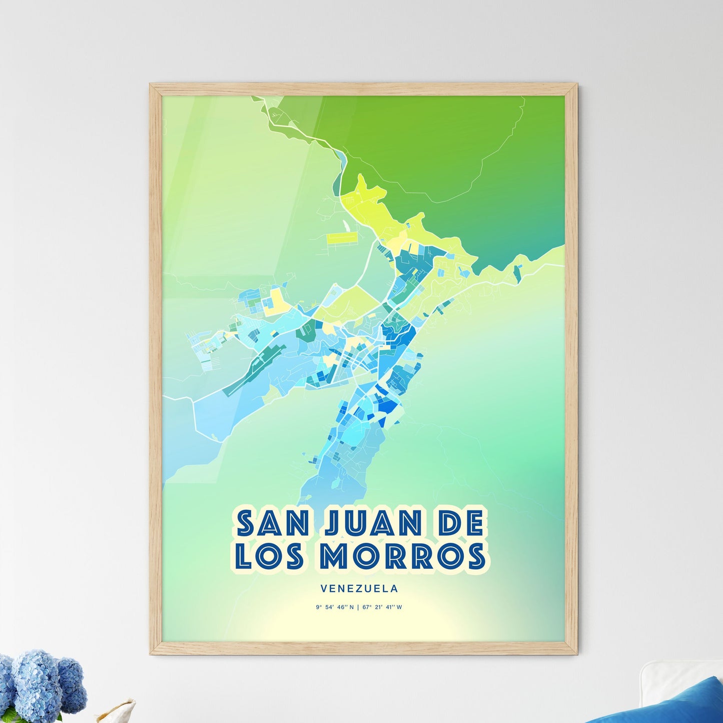 Colorful SAN JUAN DE LOS MORROS VENEZUELA Fine Art Map Cool Blue