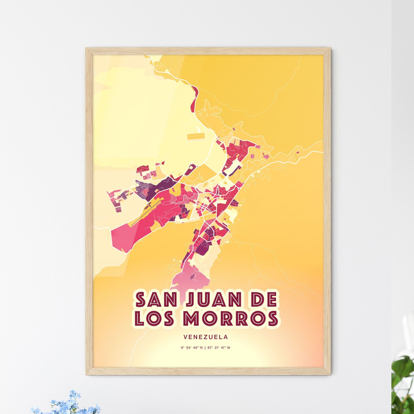 Colorful SAN JUAN DE LOS MORROS VENEZUELA Fine Art Map Hot Red