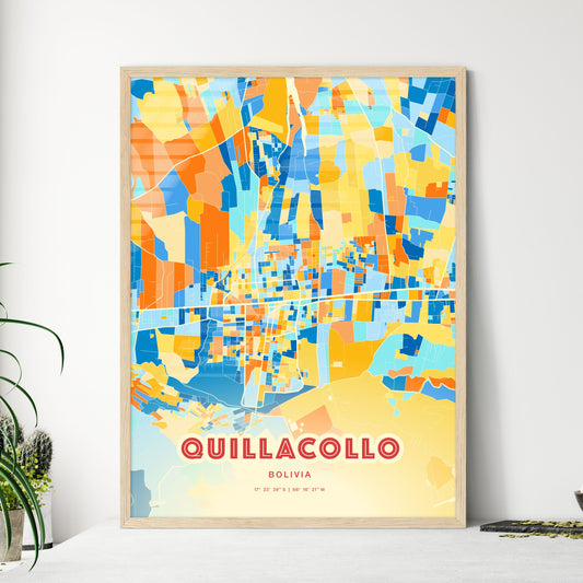 Colorful QUILLACOLLO BOLIVIA Fine Art Map Blue Orange