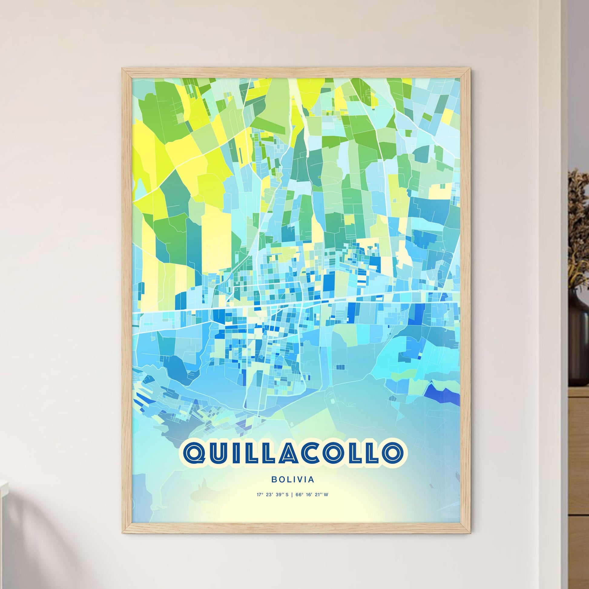 Colorful QUILLACOLLO BOLIVIA Fine Art Map Cool Blue