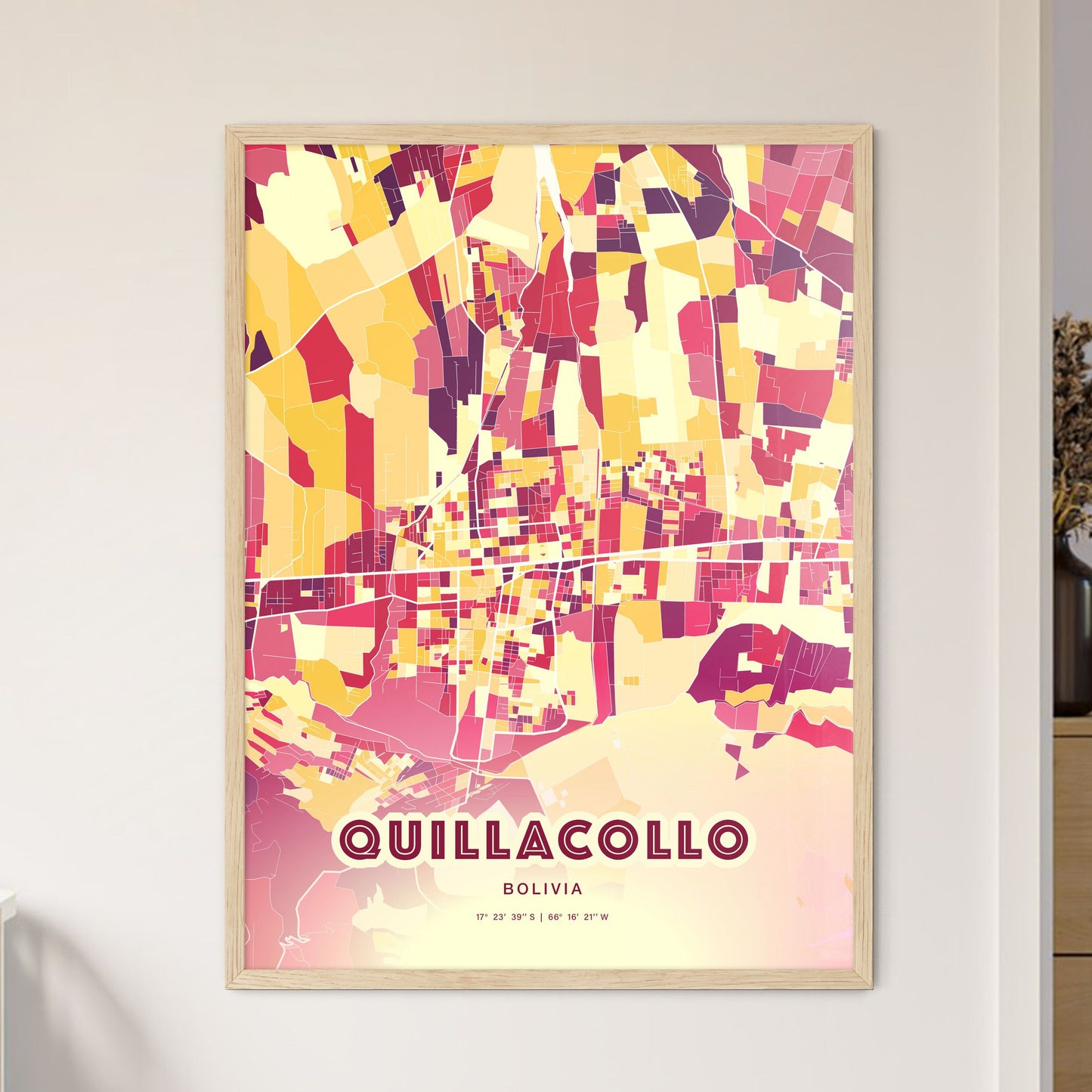 Colorful QUILLACOLLO BOLIVIA Fine Art Map Hot Red