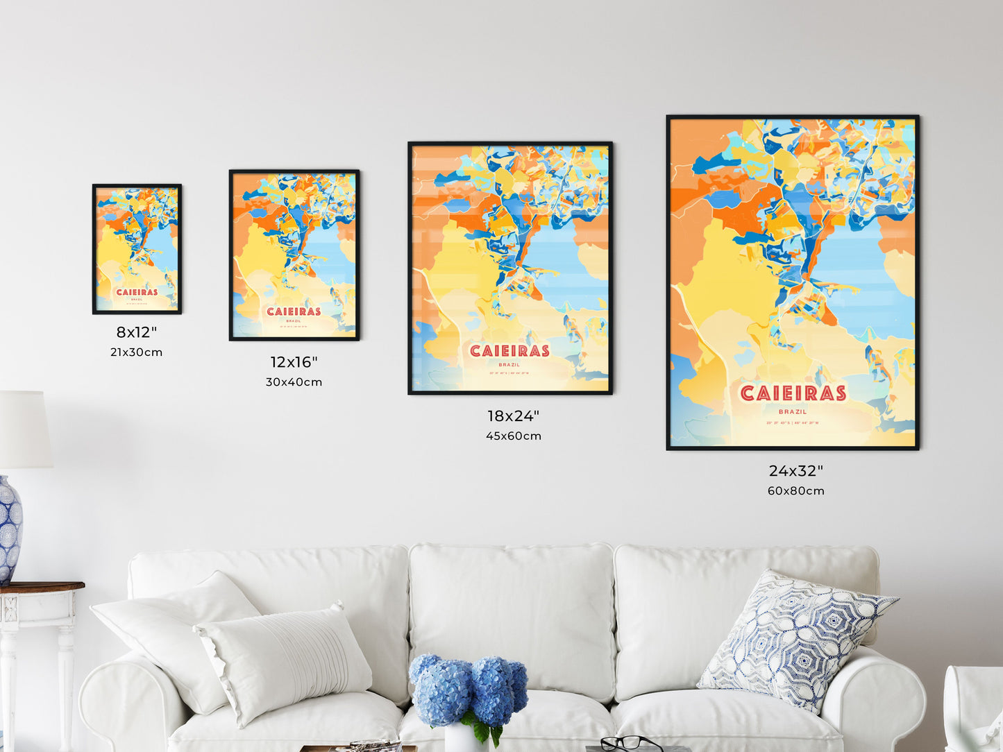 Colorful CAIEIRAS BRAZIL Fine Art Map Blue Orange