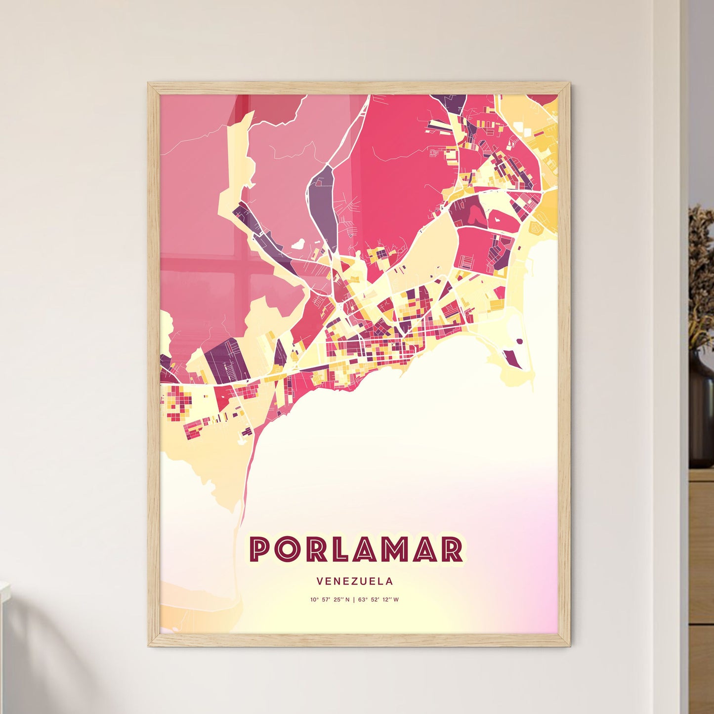 Colorful PORLAMAR VENEZUELA Fine Art Map Hot Red