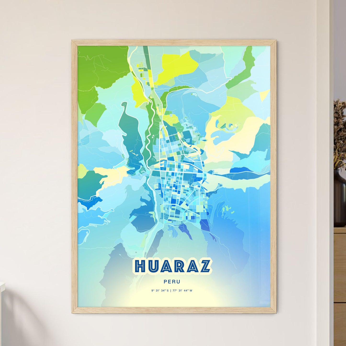 Colorful HUARAZ PERU Fine Art Map Cool Blue