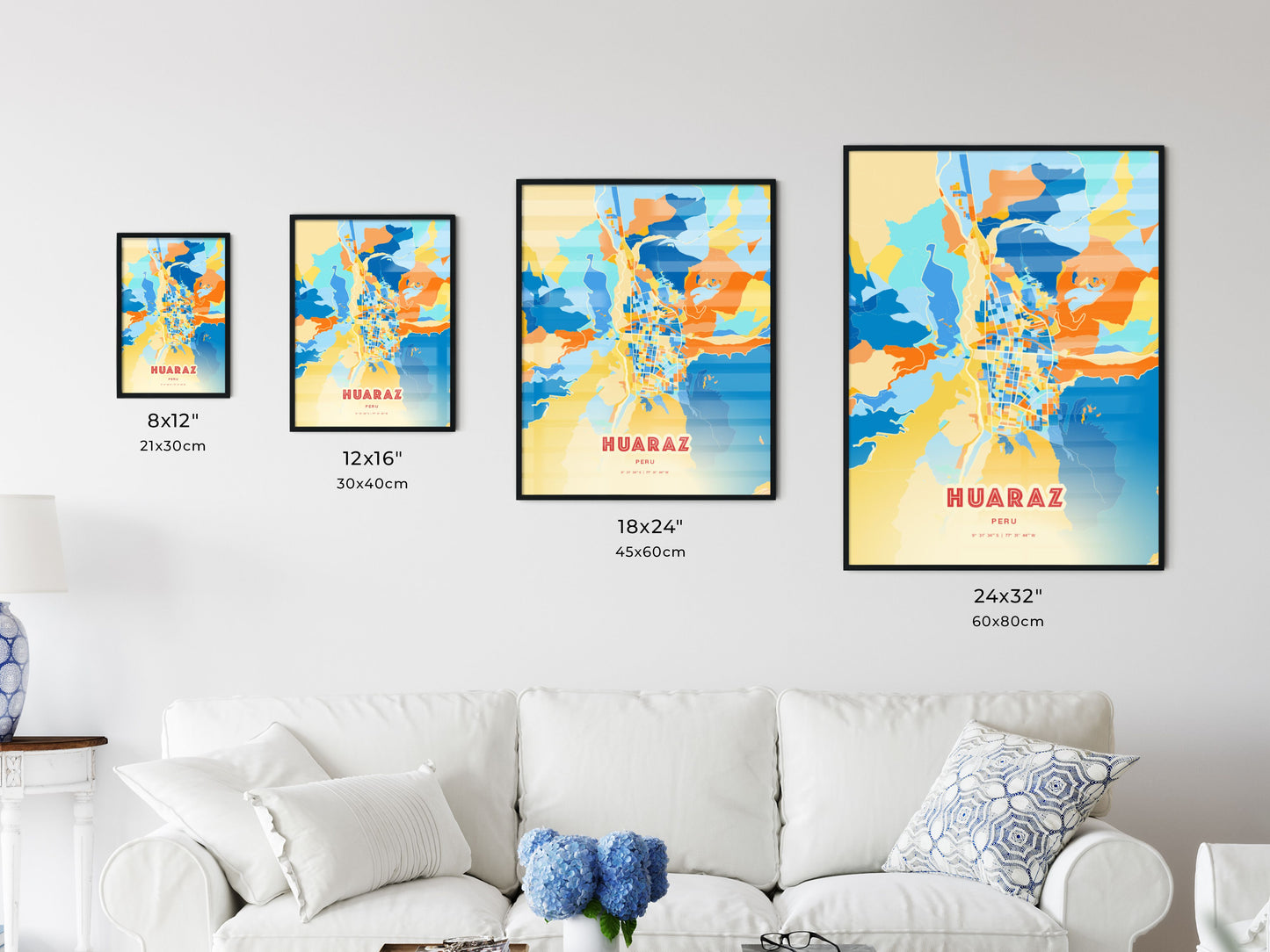 Colorful HUARAZ PERU Fine Art Map Blue Orange