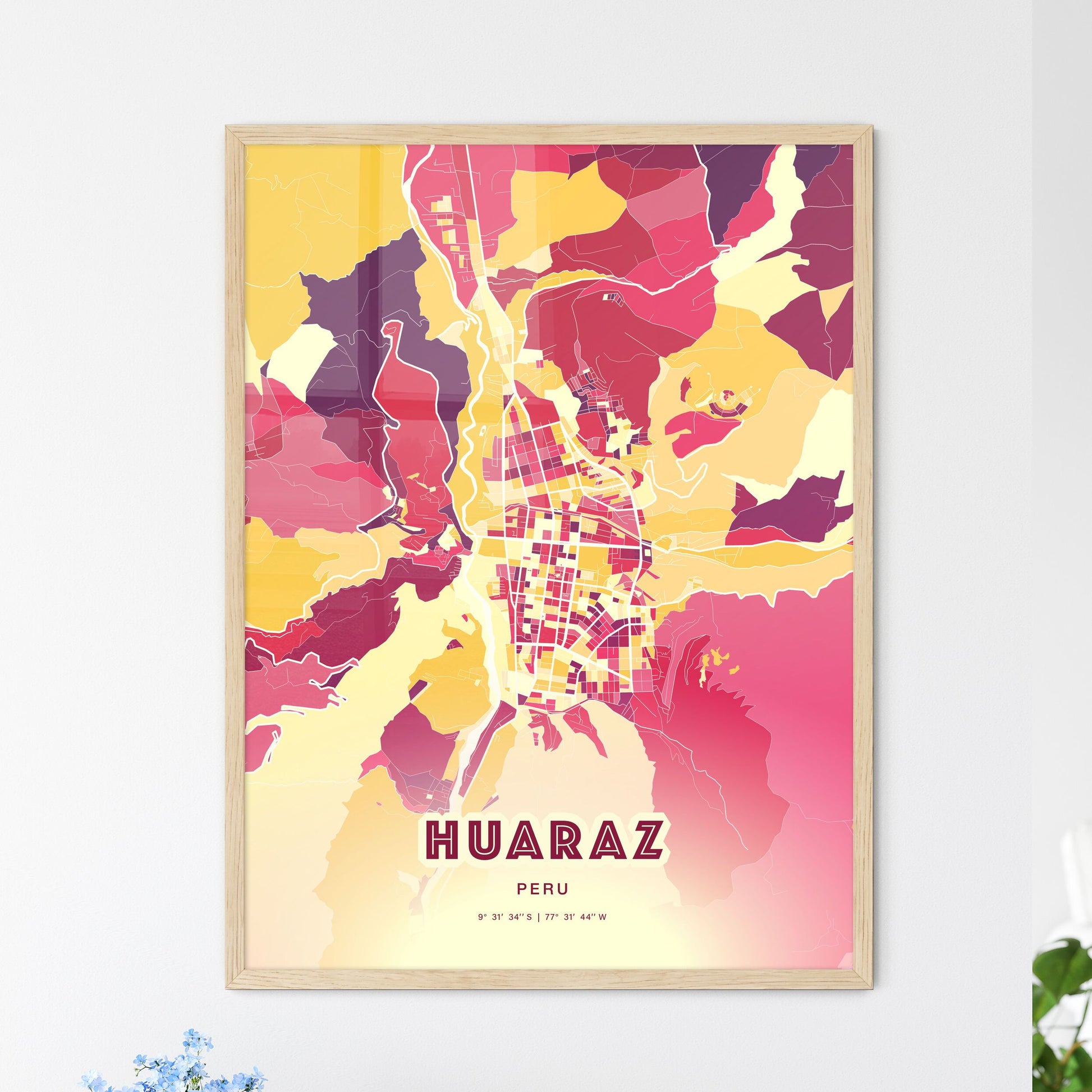 Colorful HUARAZ PERU Fine Art Map Hot Red