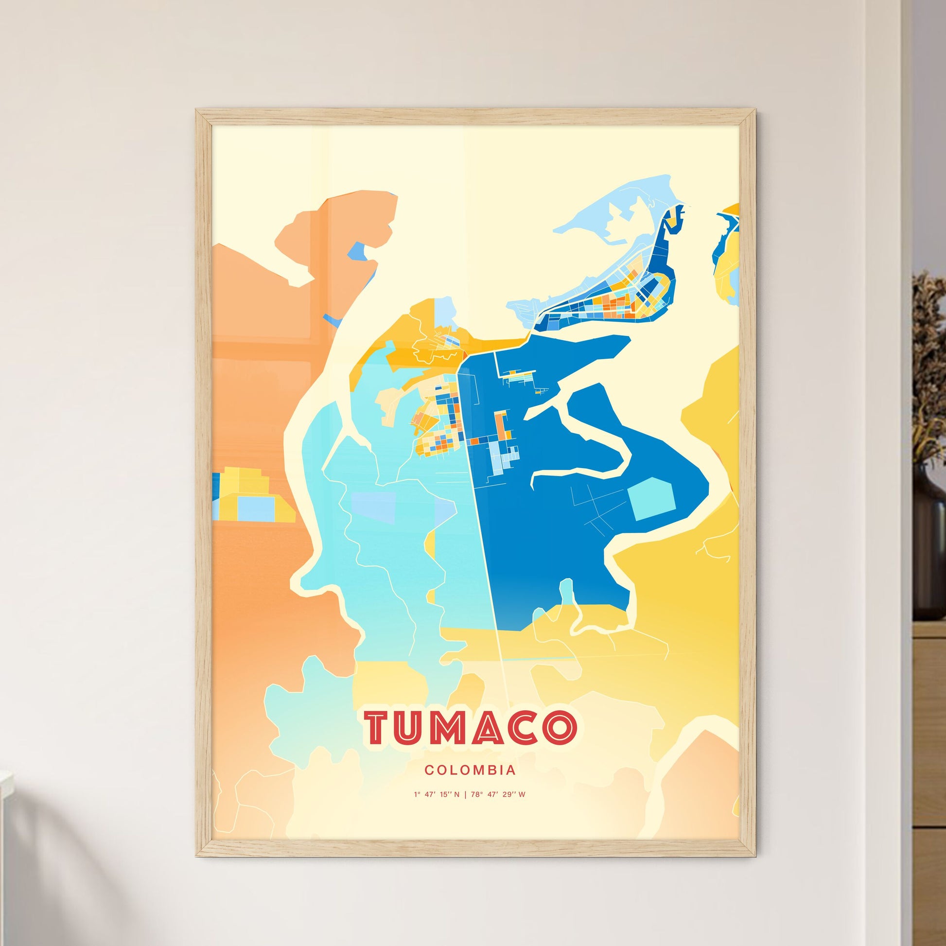 Colorful TUMACO COLOMBIA Fine Art Map Blue Orange