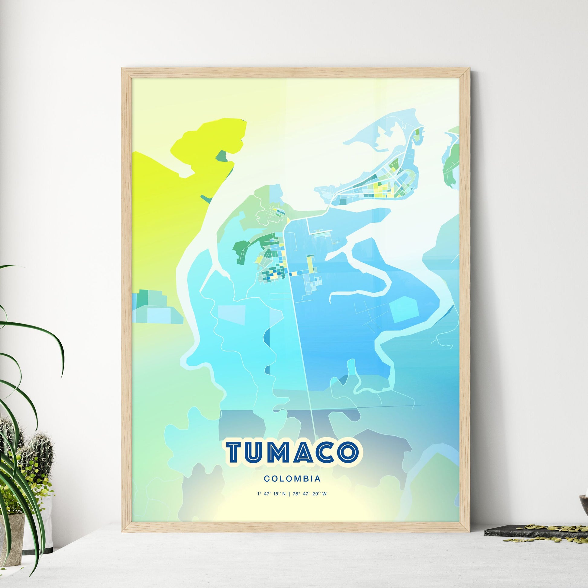 Colorful TUMACO COLOMBIA Fine Art Map Cool Blue