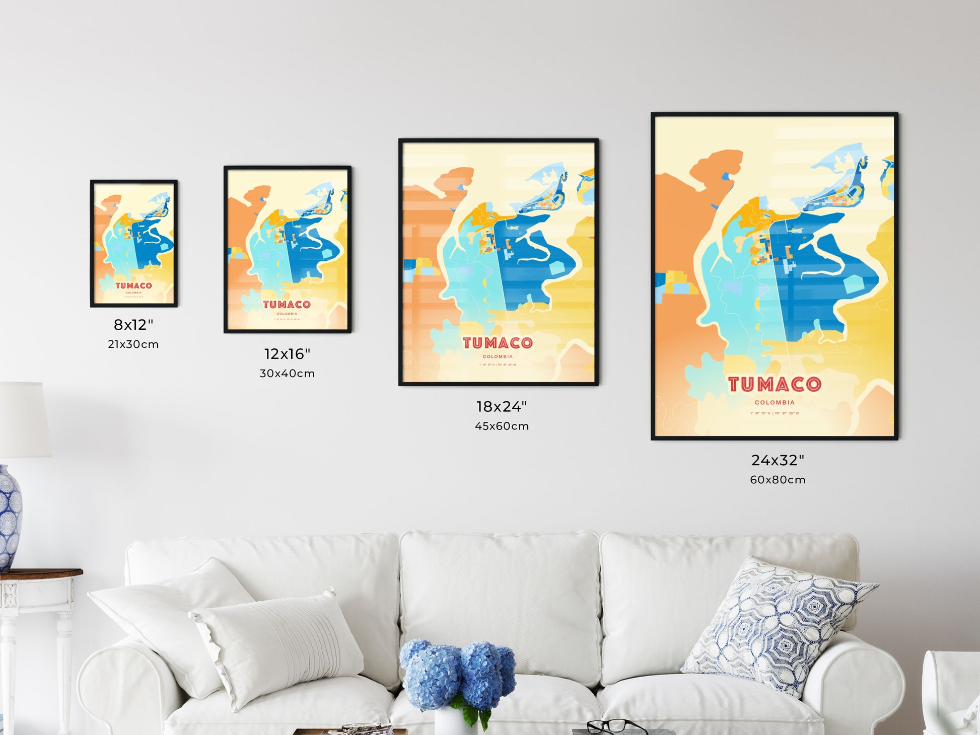 Colorful TUMACO COLOMBIA Fine Art Map Blue Orange