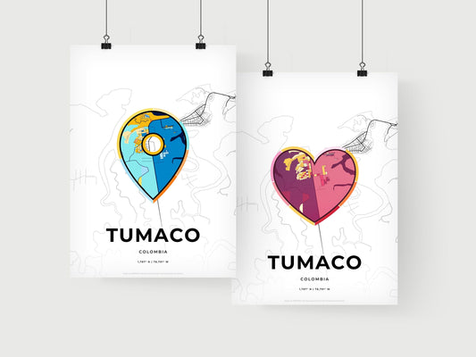 TUMACO COLOMBIA minimal art map with a colorful icon. Where it all began, Couple map gift.