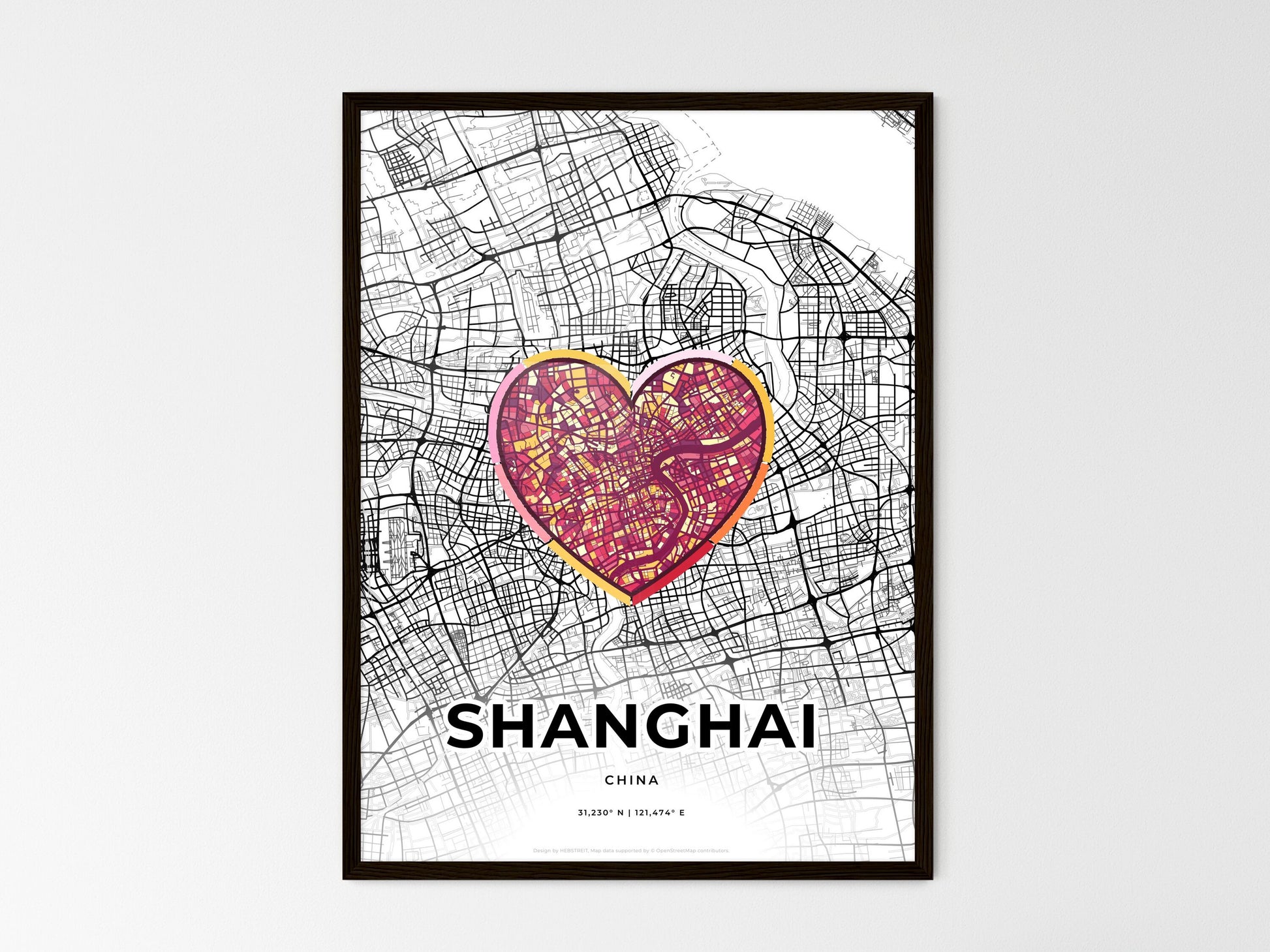 Shanghai China wedding art map with heart icon