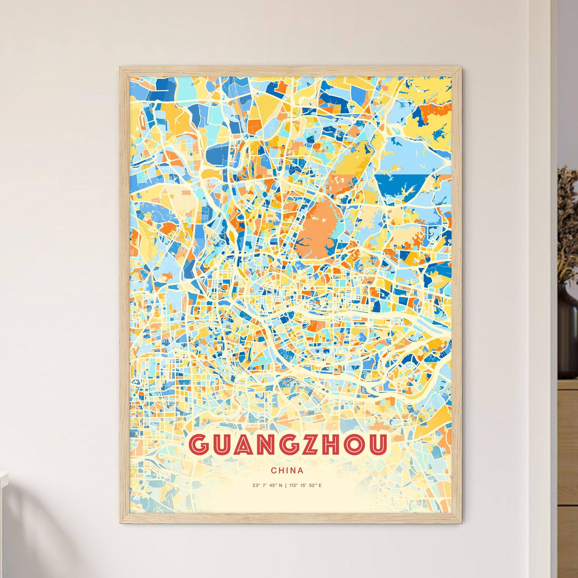 Colorful Guangzhou China Fine Art Map Blue Orange