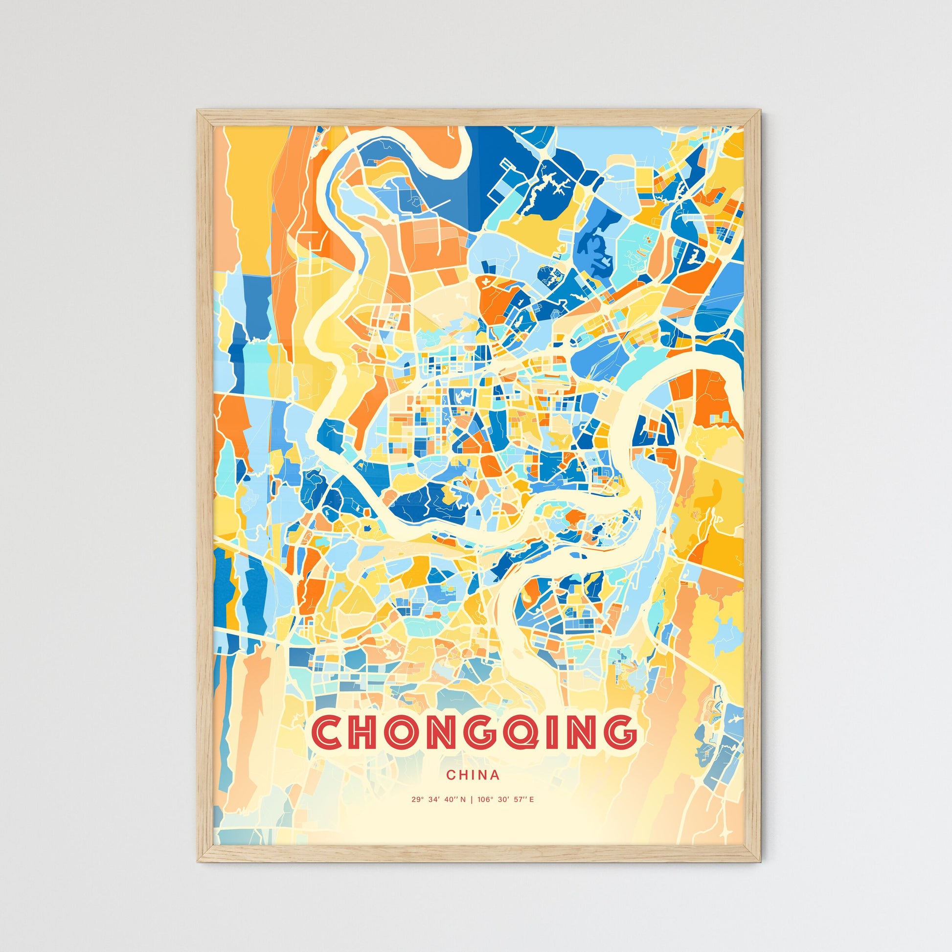 Colorful CHONGQING CHINA Fine Art Map Blue Orange