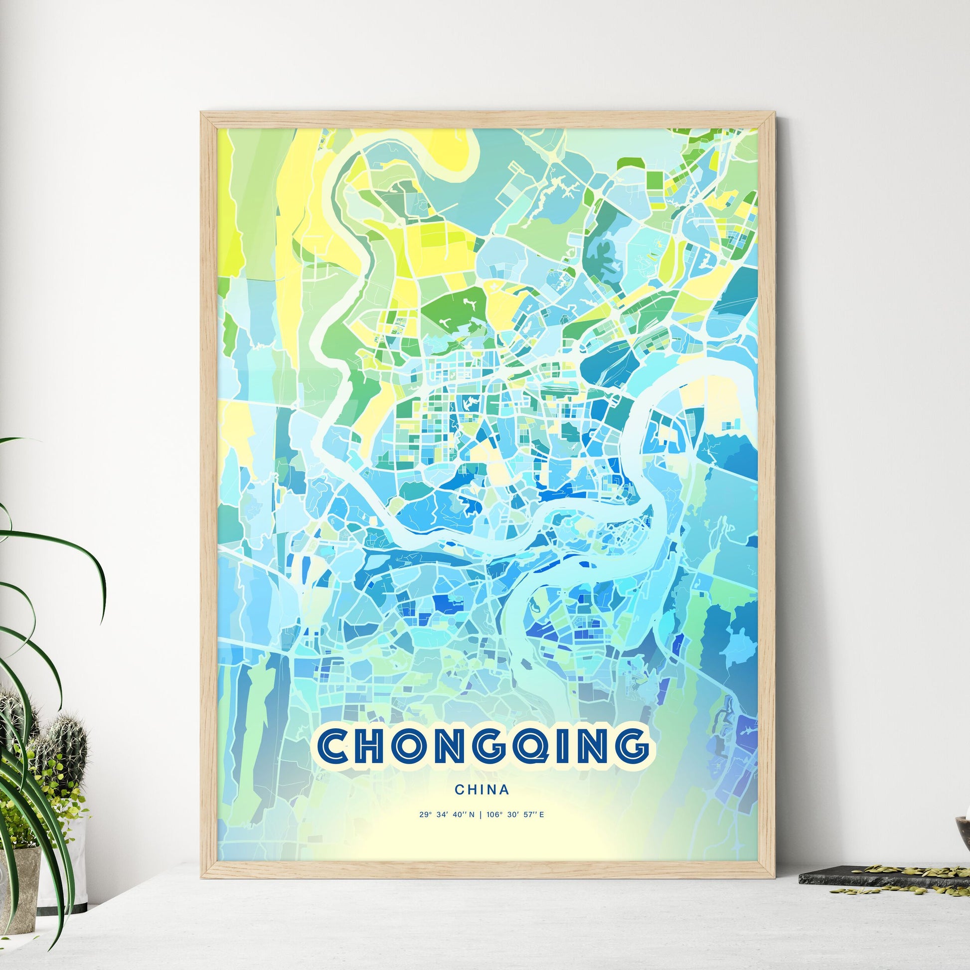 Colorful CHONGQING CHINA Fine Art Map Cool Blue