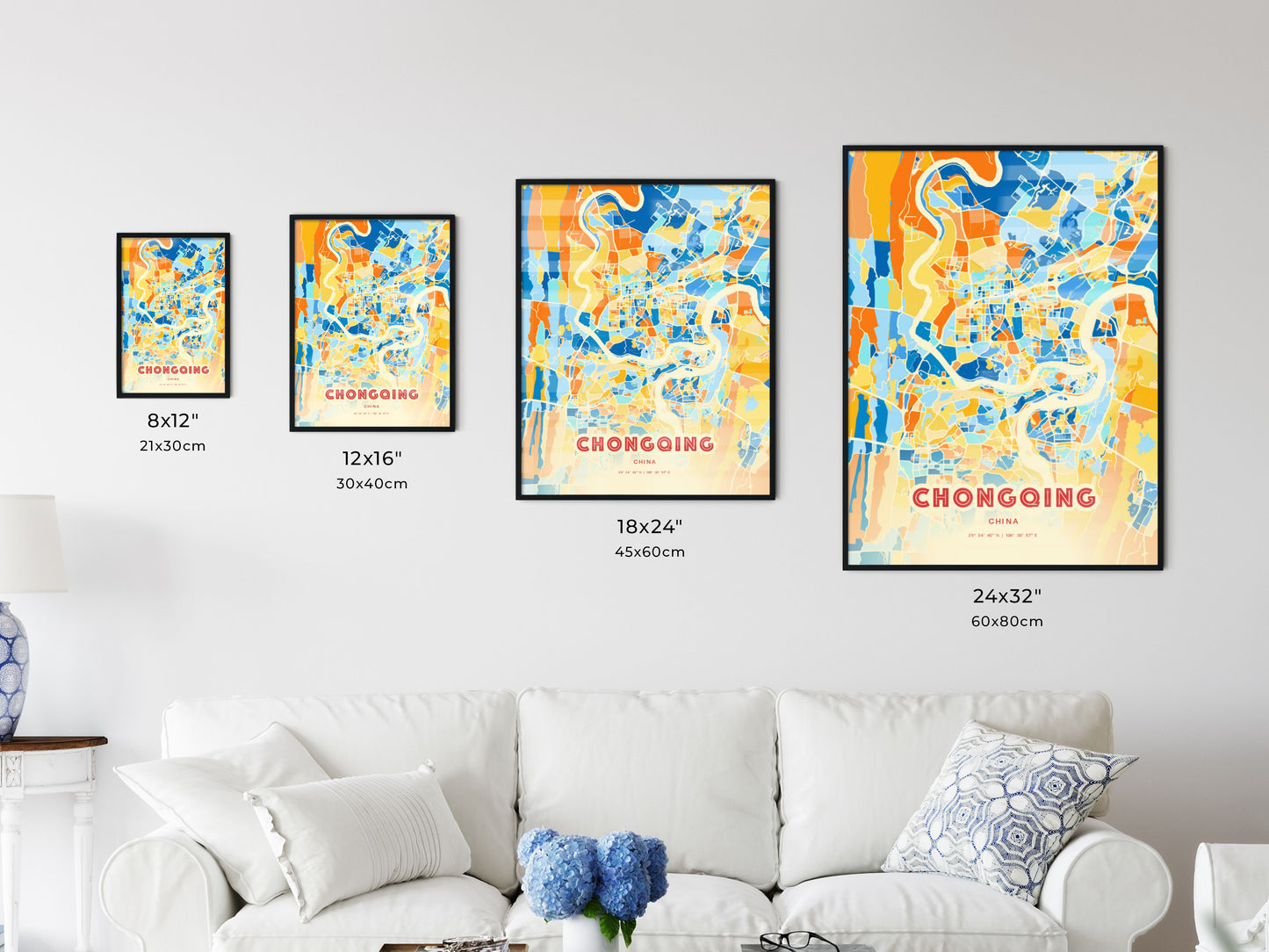 Colorful CHONGQING CHINA Fine Art Map Blue Orange