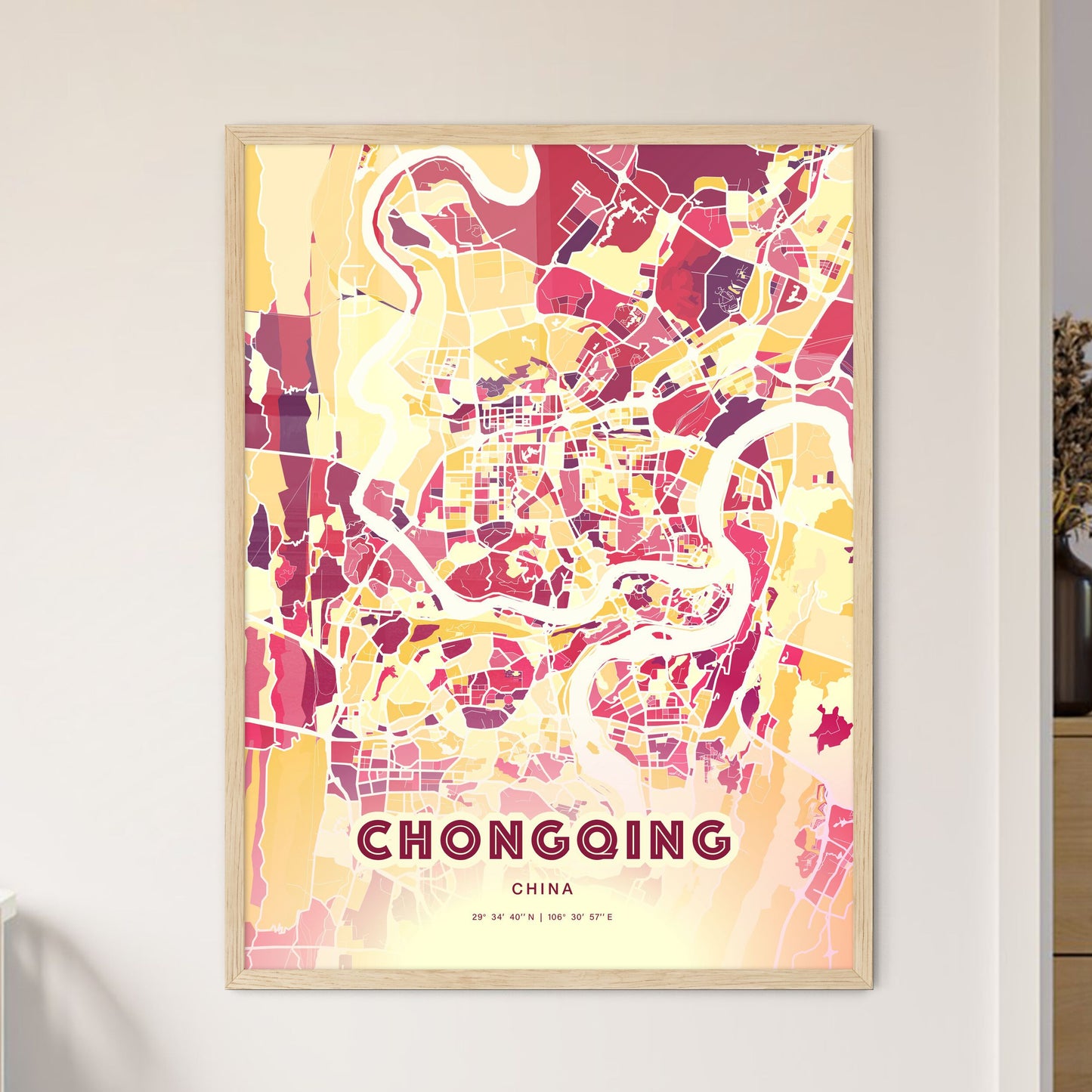 Colorful CHONGQING CHINA Fine Art Map Hot Red