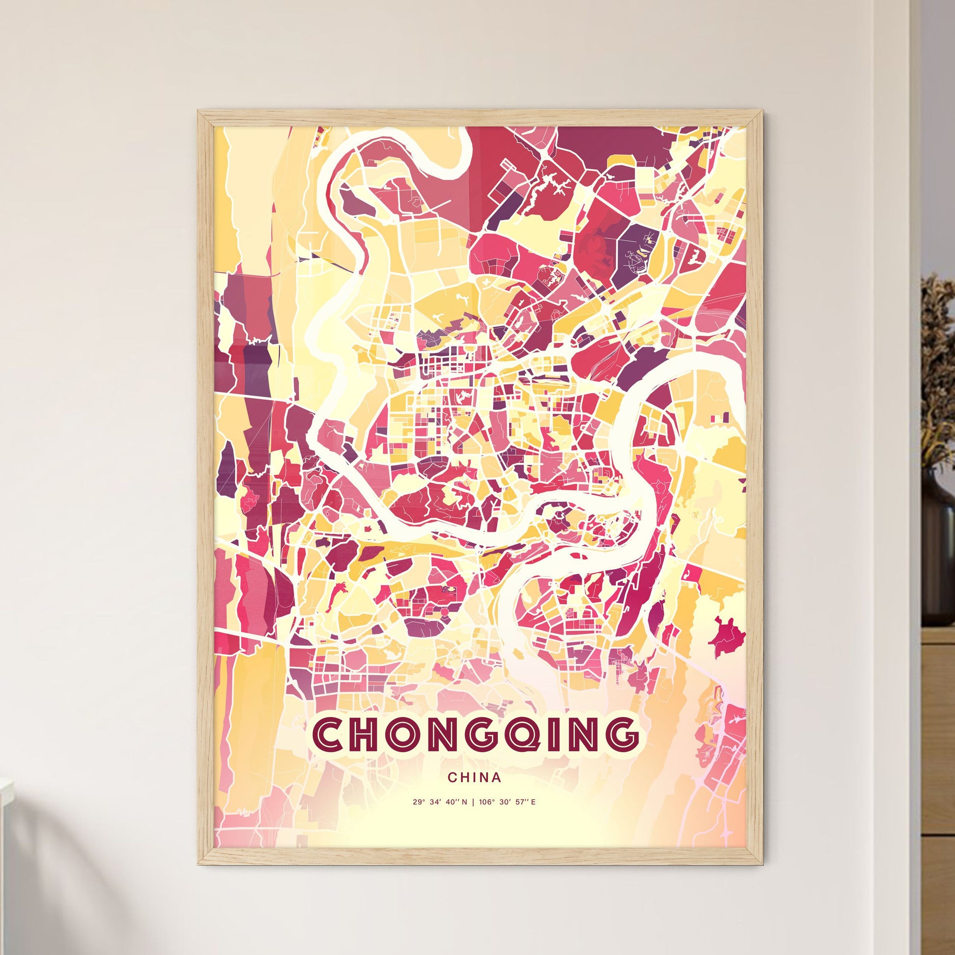 Colorful CHONGQING CHINA Fine Art Map Hot Red