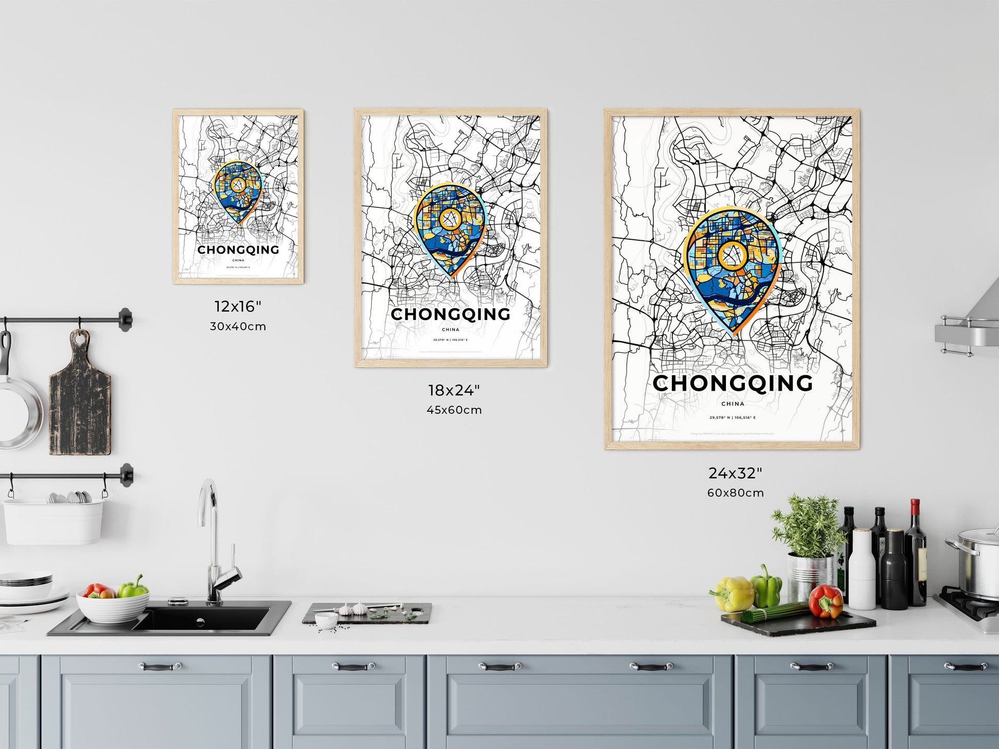 CHONGQING CHINA minimal art map with a colorful icon. Where it all began, Couple map gift.
