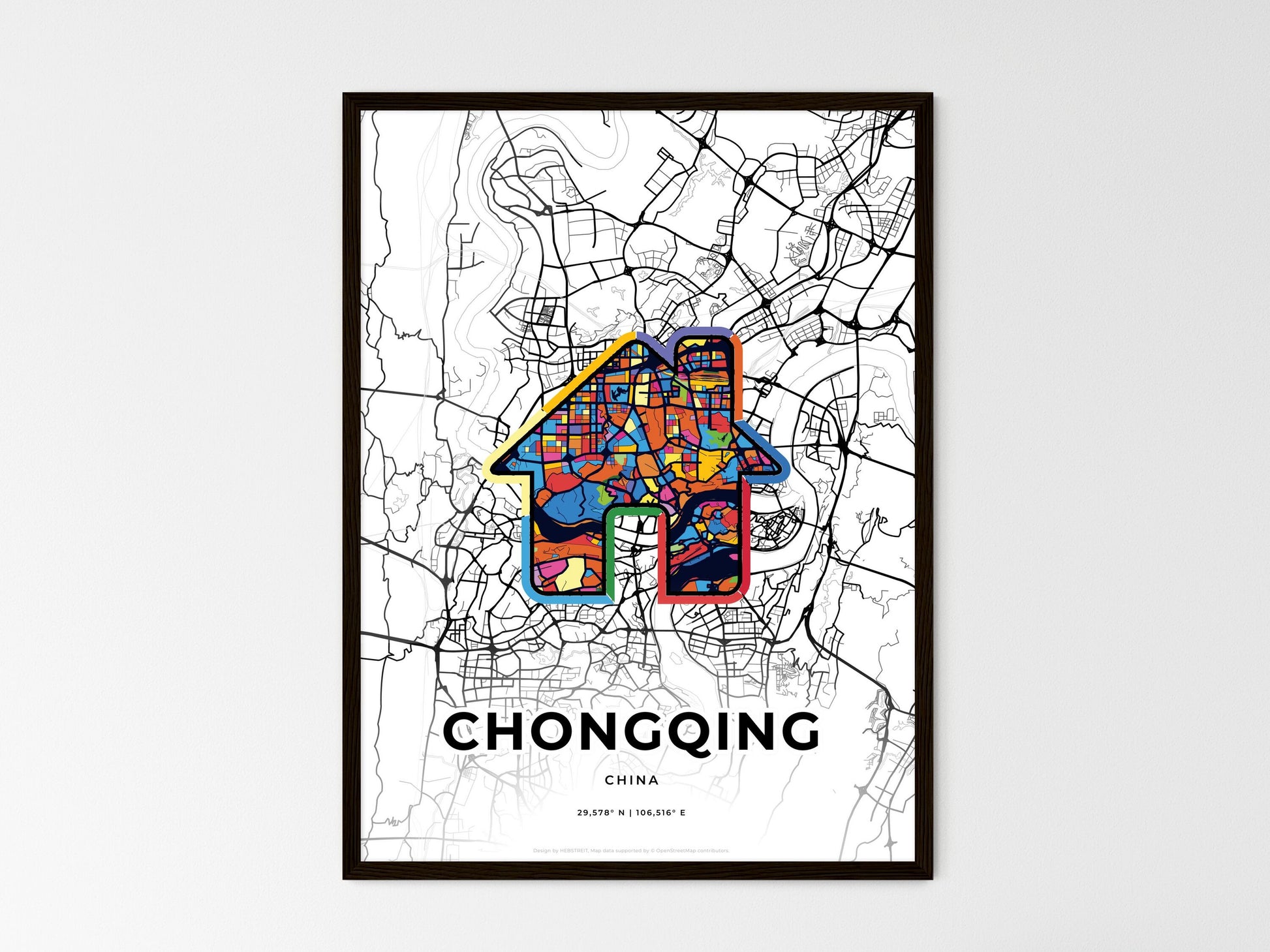 CHONGQING CHINA minimal art map with a colorful icon. Where it all began, Couple map gift. Style 3