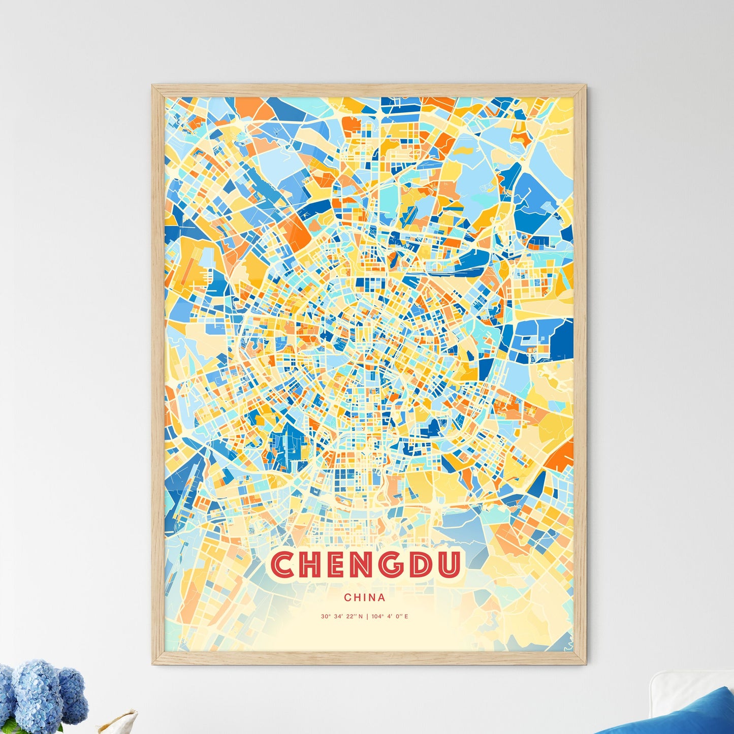 Colorful Chengdu China Fine Art Map Blue Orange