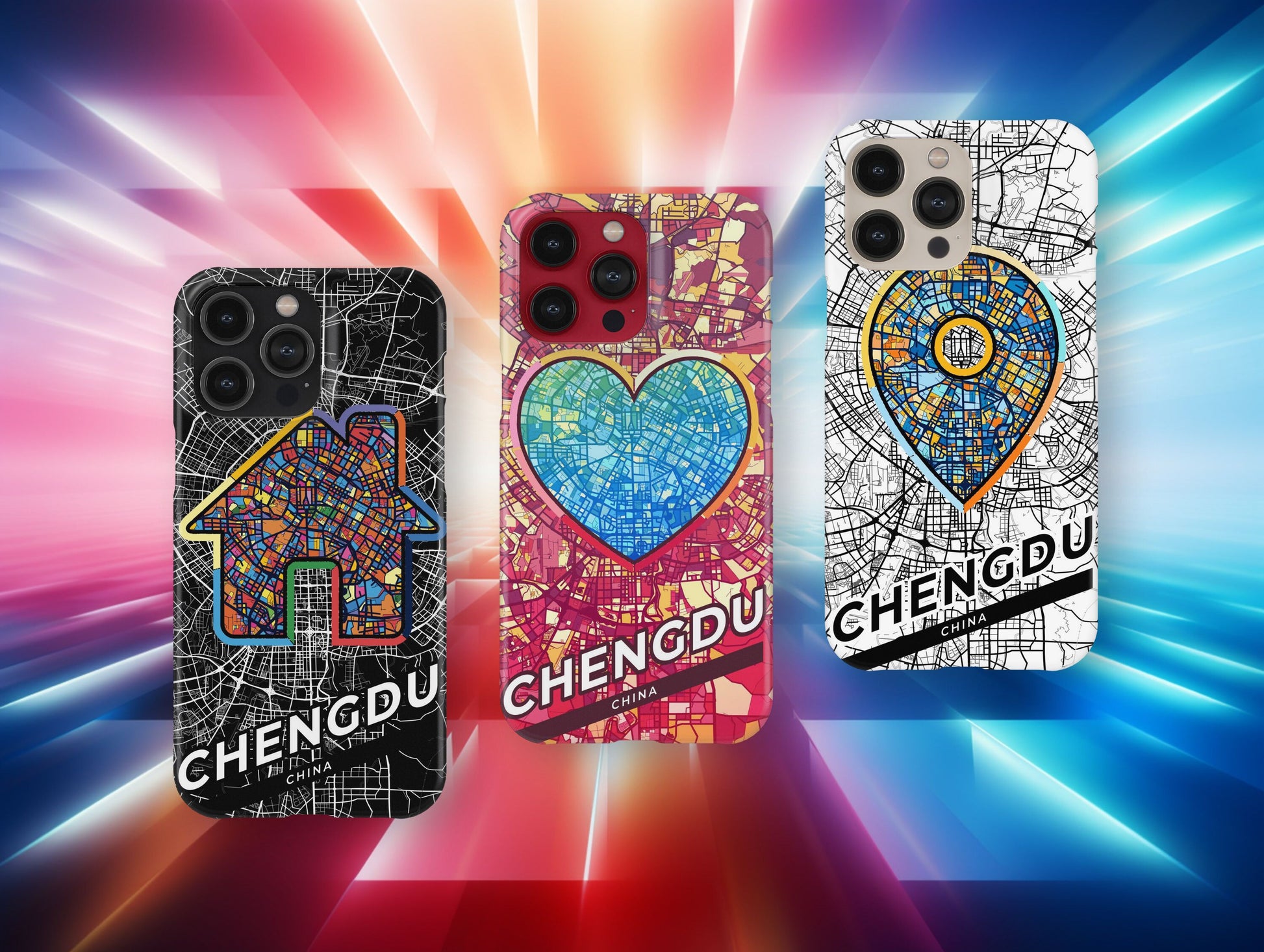 Chengdu China slim phone case with colorful icon. Birthday, wedding or housewarming gift. Couple match cases.