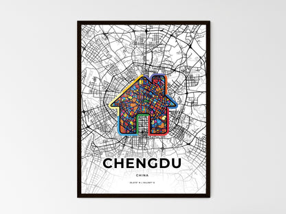 CHENGDU CHINA minimal art map with a colorful icon. Where it all began, Couple map gift. Style 3