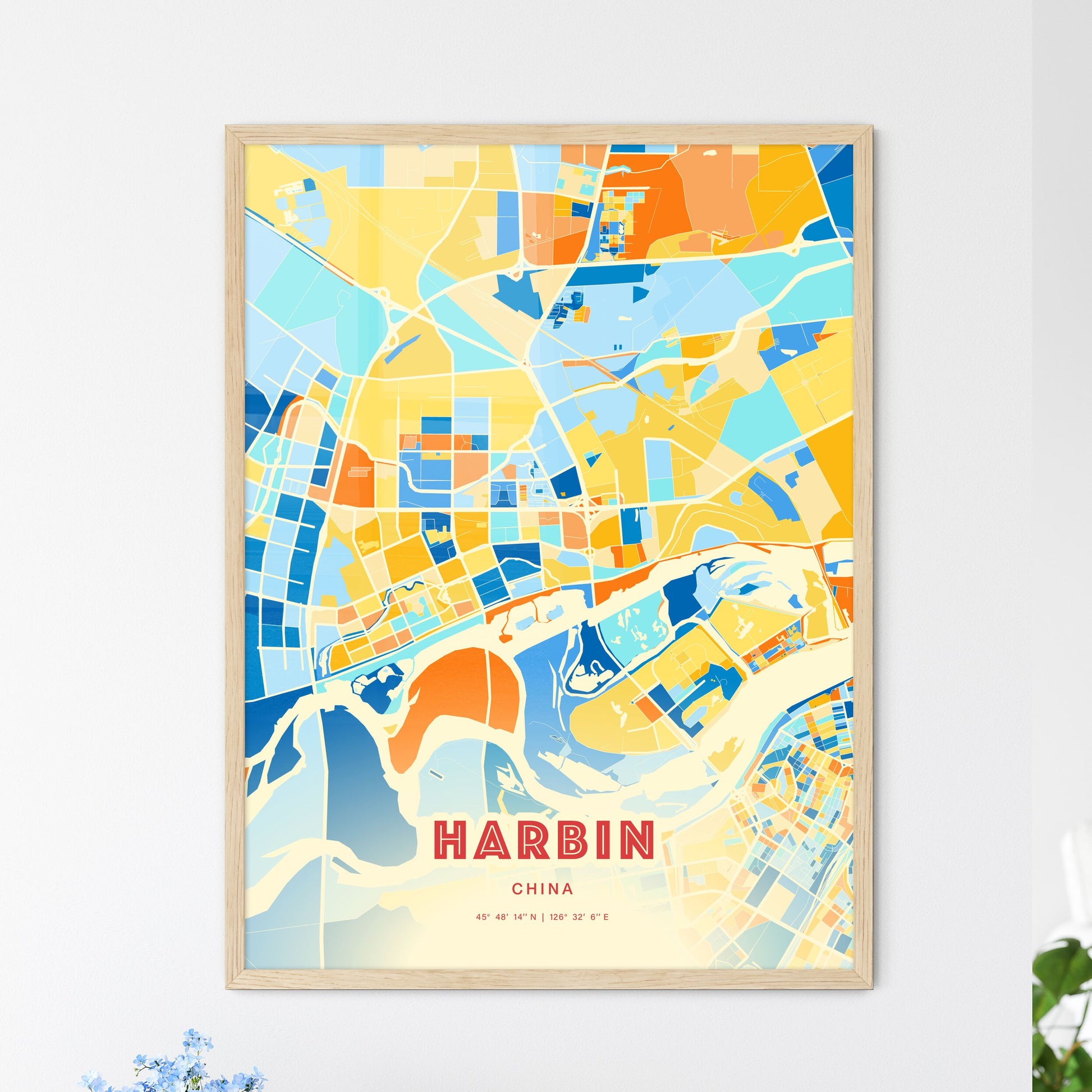 Colorful Harbin China Fine Art Map Blue Orange