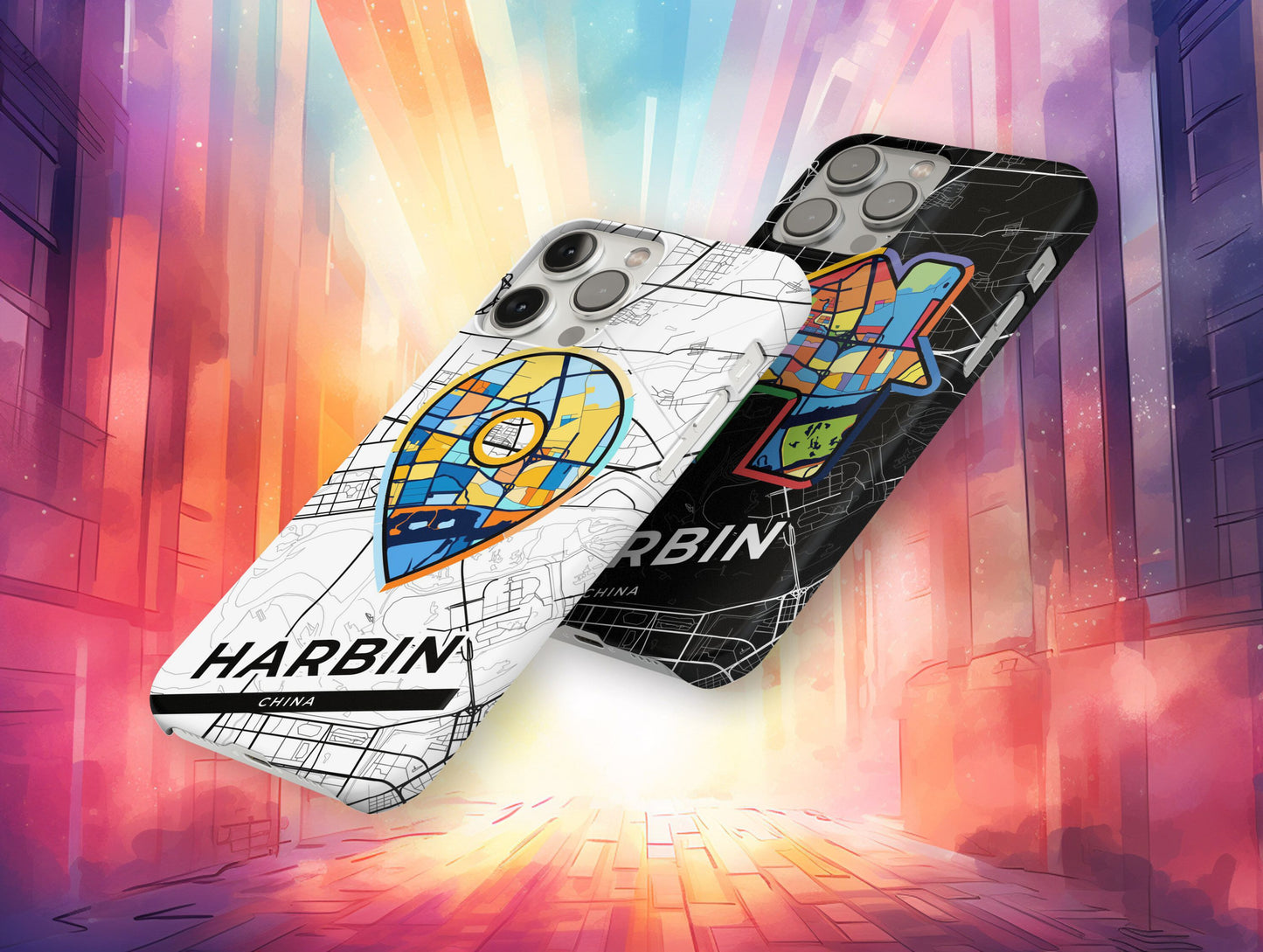Harbin China slim phone case with colorful icon. Birthday, wedding or housewarming gift. Couple match cases.