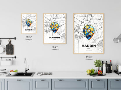 HARBIN CHINA minimal art map with a colorful icon. Where it all began, Couple map gift.