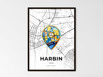 HARBIN CHINA minimal art map with a colorful icon. Where it all began, Couple map gift. Style 1