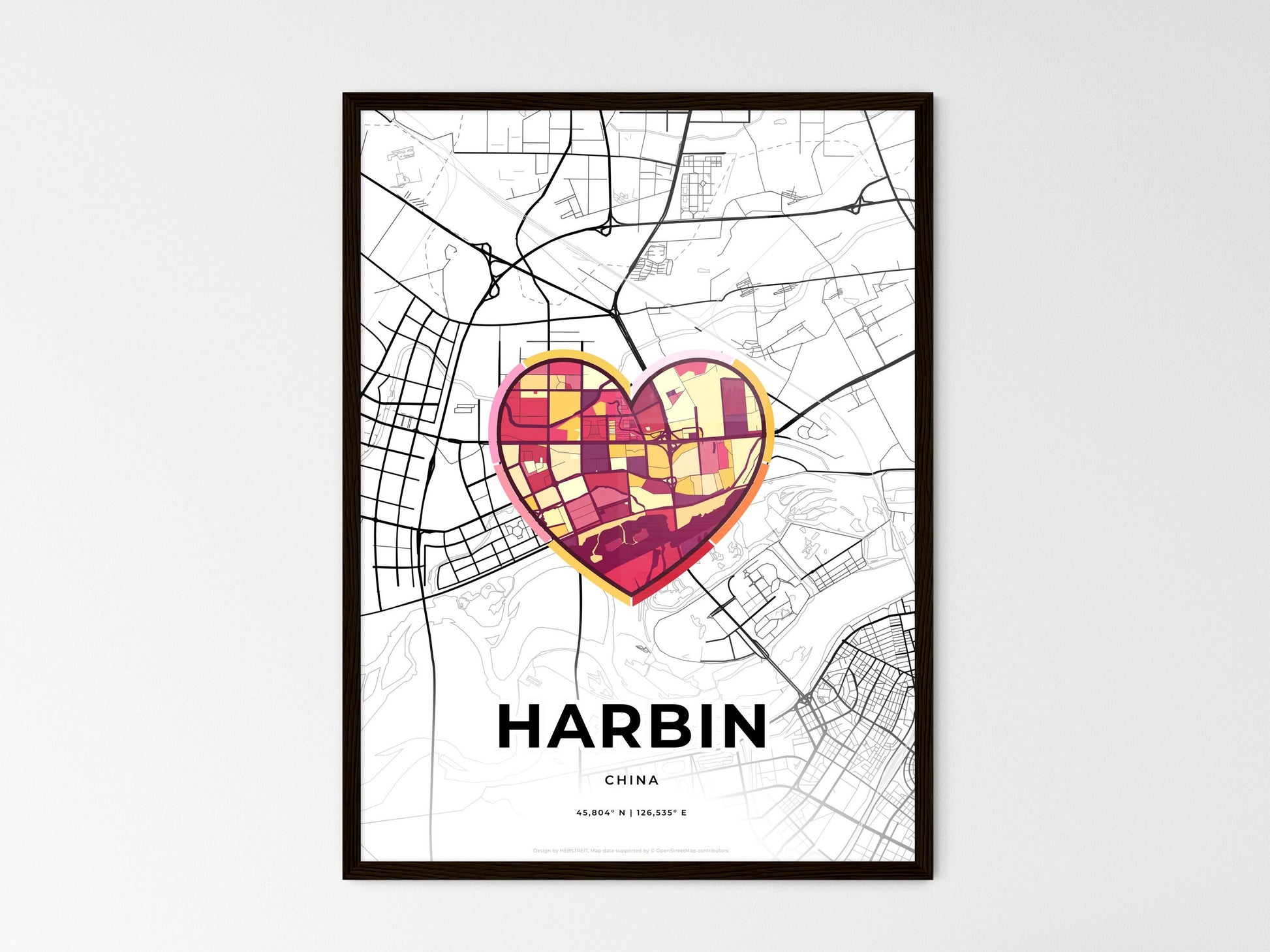 HARBIN CHINA minimal art map with a colorful icon. Where it all began, Couple map gift. Style 2
