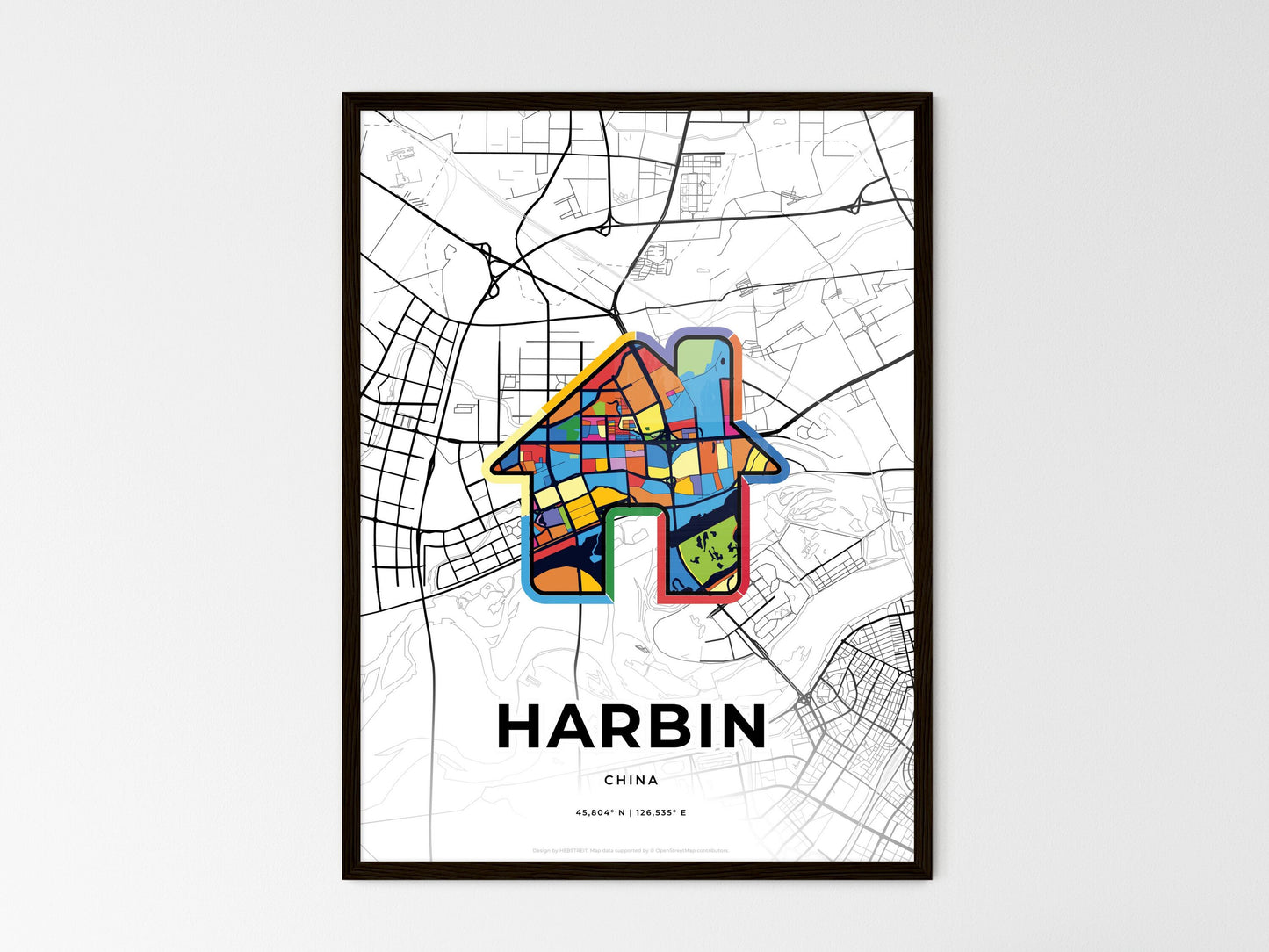 HARBIN CHINA minimal art map with a colorful icon. Where it all began, Couple map gift. Style 3