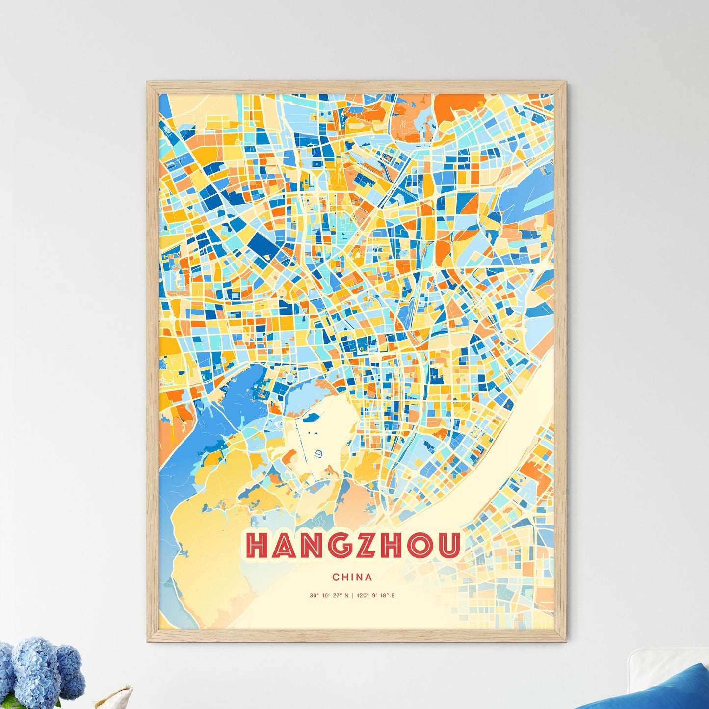 Colorful Hangzhou China Fine Art Map Blue Orange