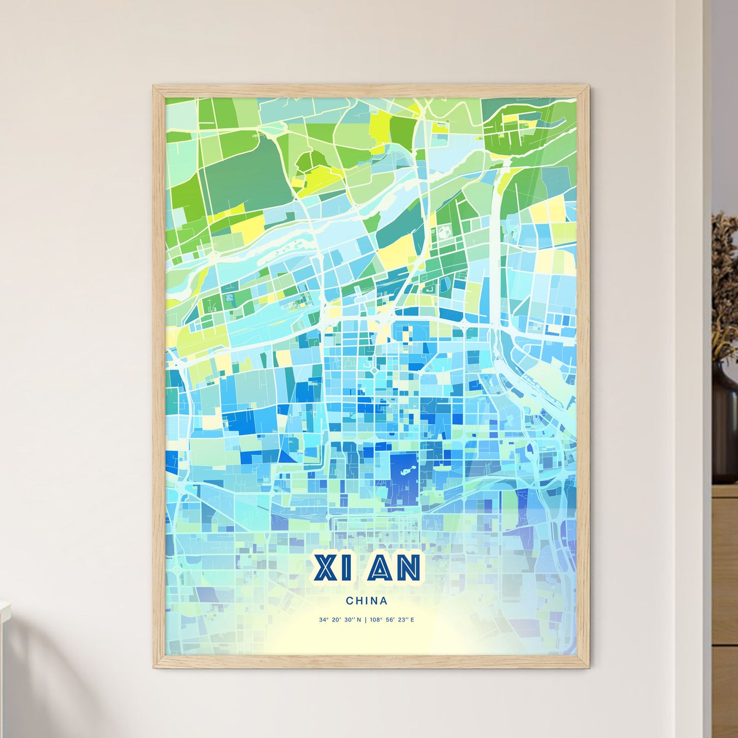 Colorful XI AN CHINA Fine Art Map Cool Blue