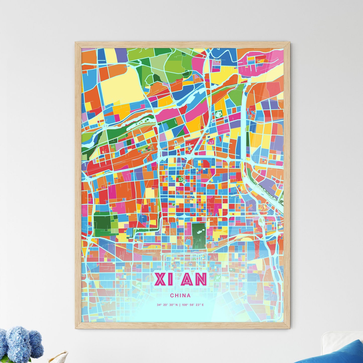 Colorful XI AN CHINA Fine Art Map Crazy Colors