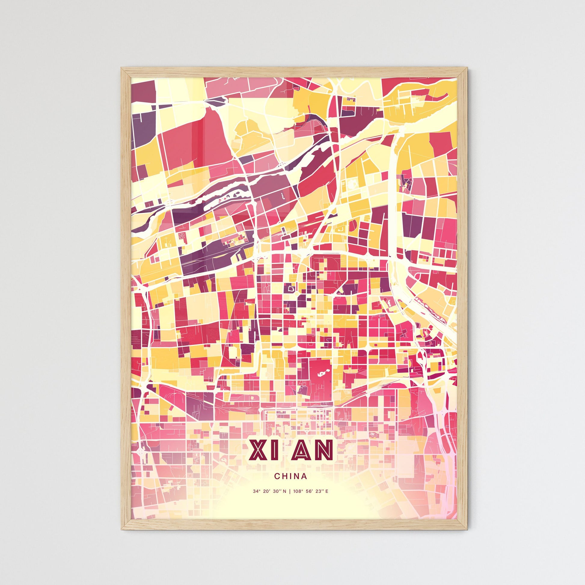 Colorful XI AN CHINA Fine Art Map Hot Red