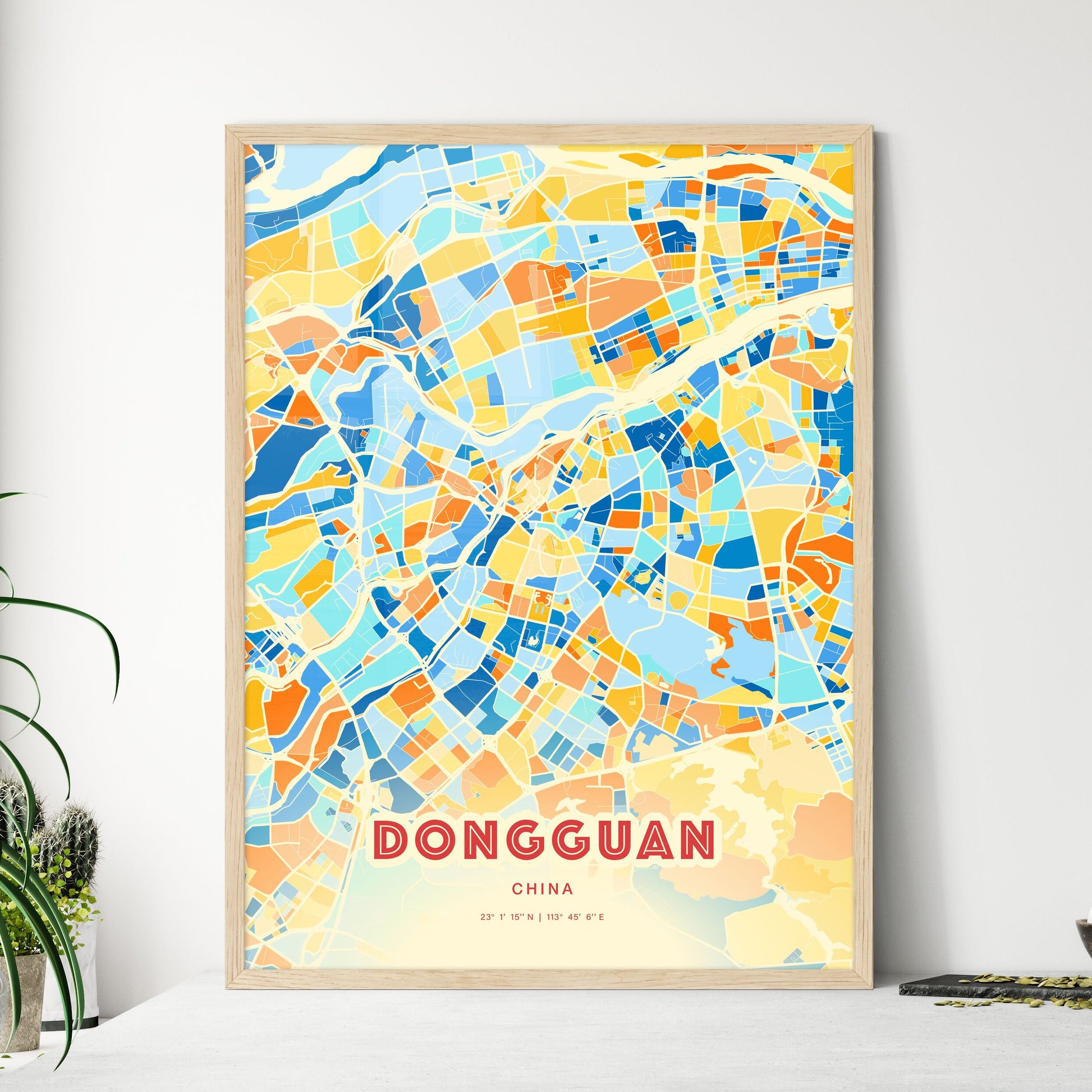 Colorful DONGGUAN CHINA Fine Art Map Blue Orange