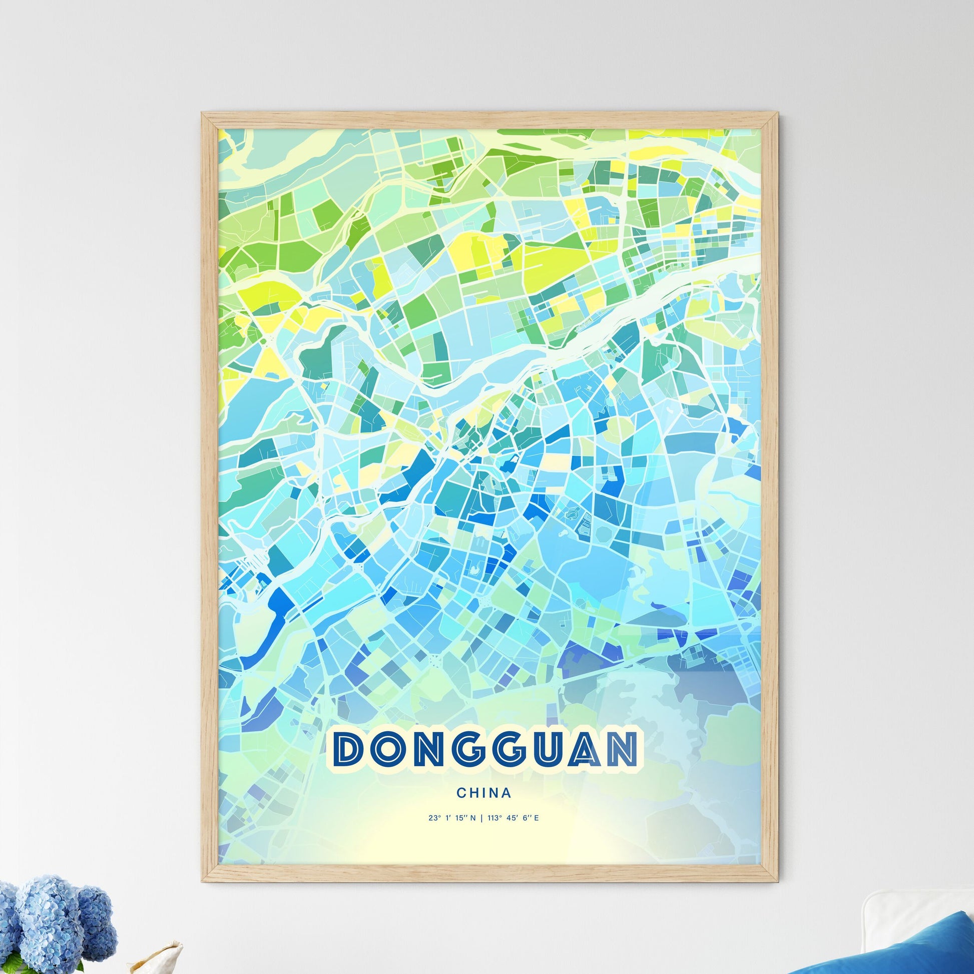 Colorful DONGGUAN CHINA Fine Art Map Cool Blue