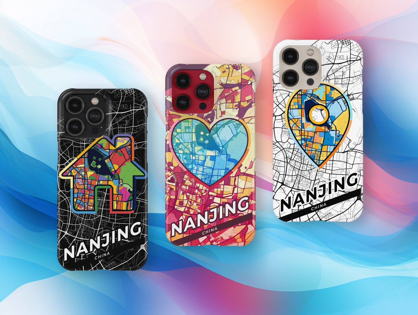 Nanjing China slim phone case with colorful icon. Birthday, wedding or housewarming gift. Couple match cases.